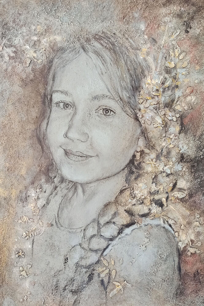 Portret dziewczyny 2, 40/30 cm, akryl + media na płycie, 2020 r.
