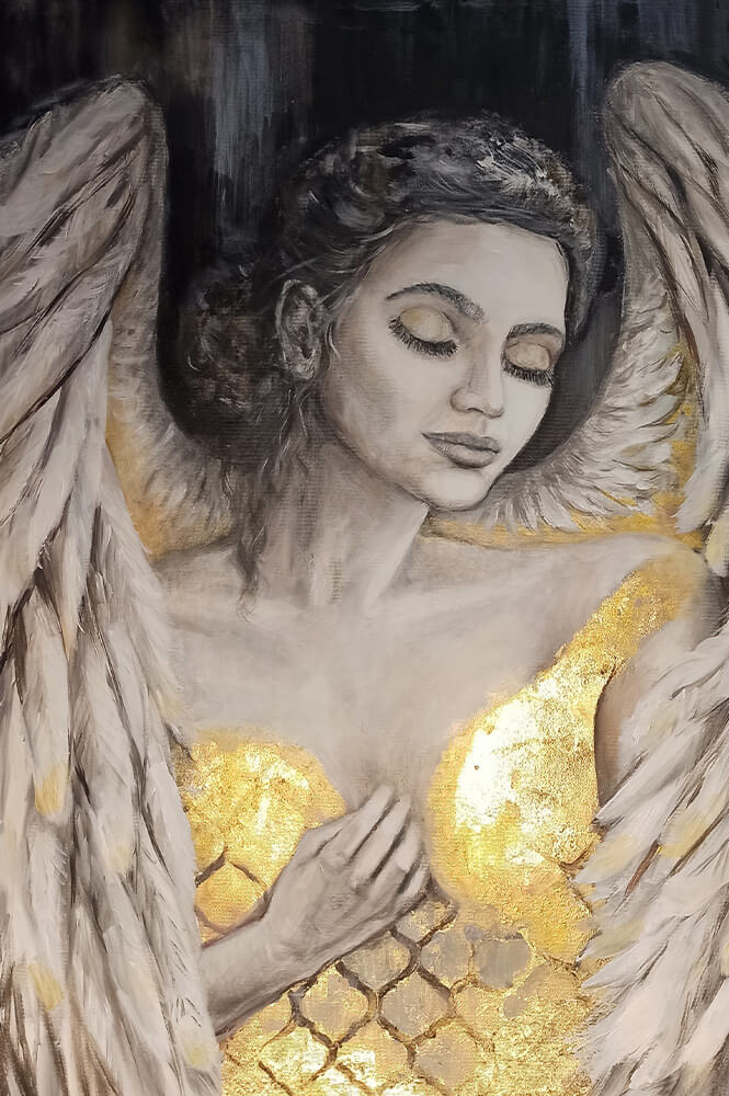 Golden angel, 80/80 cm , akryl, płótno, dodatek szlakmetalu , 2020 r.