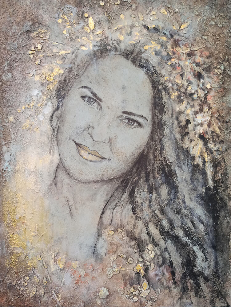 Portret Agaty, 40/30 cm, akryl + media na płycie, 2020 r.