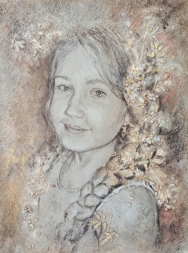 Portret dziewczyny 2, 40/30 cm, akryl + media na płycie, 2020 r.
