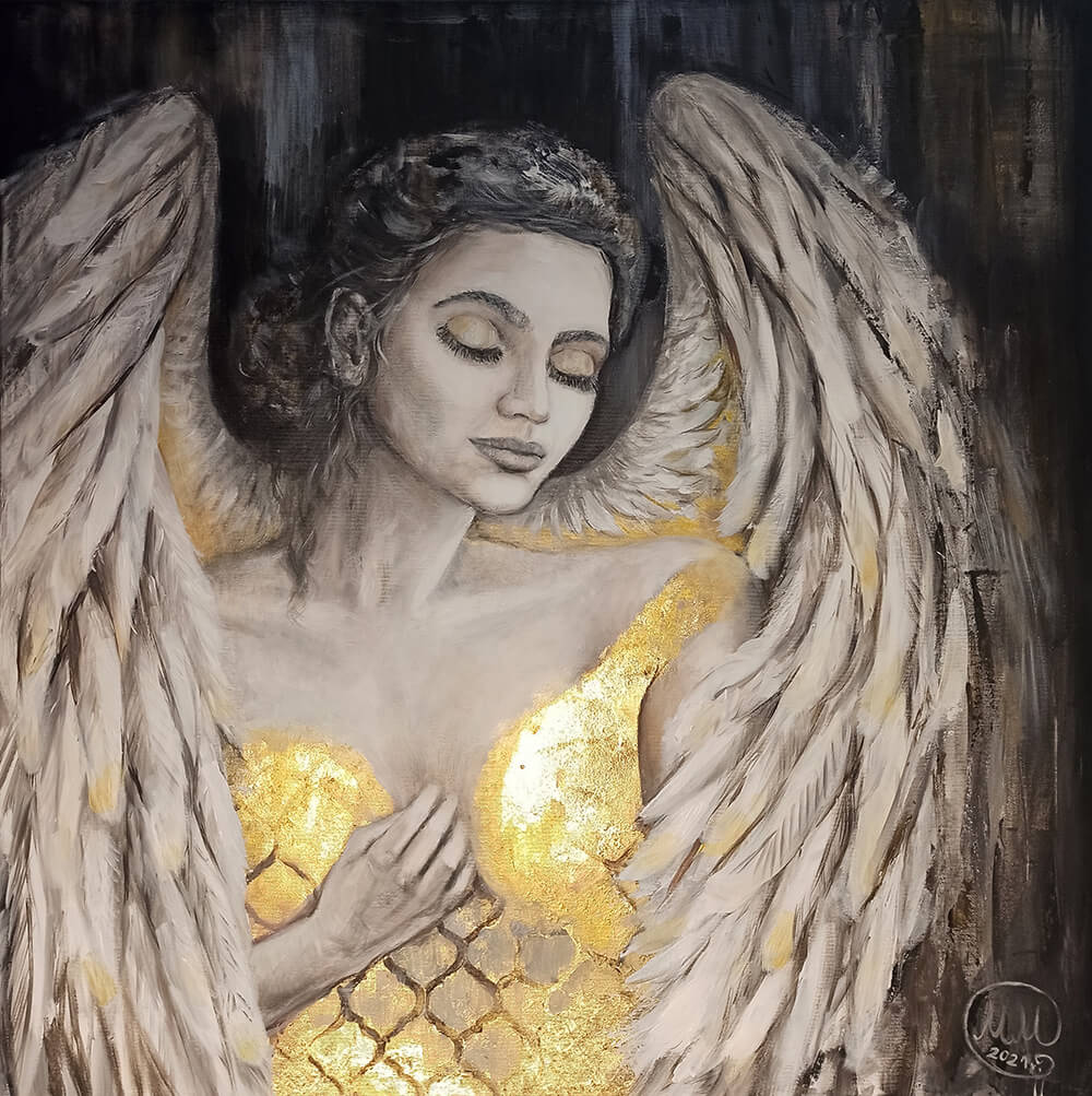 Golden angel, 80/80 cm , akryl, płótno, dodatek szlakmetalu , 2020 r.
